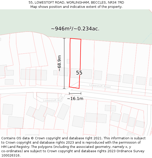 55, LOWESTOFT ROAD, WORLINGHAM, BECCLES, NR34 7RD: Plot and title map