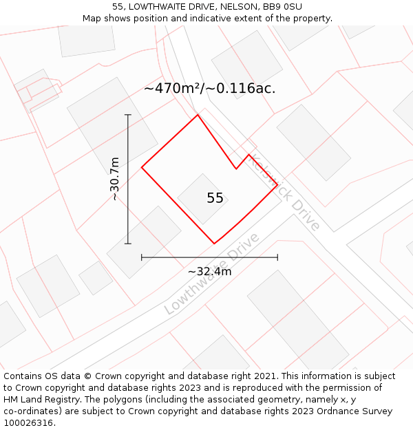 55, LOWTHWAITE DRIVE, NELSON, BB9 0SU: Plot and title map