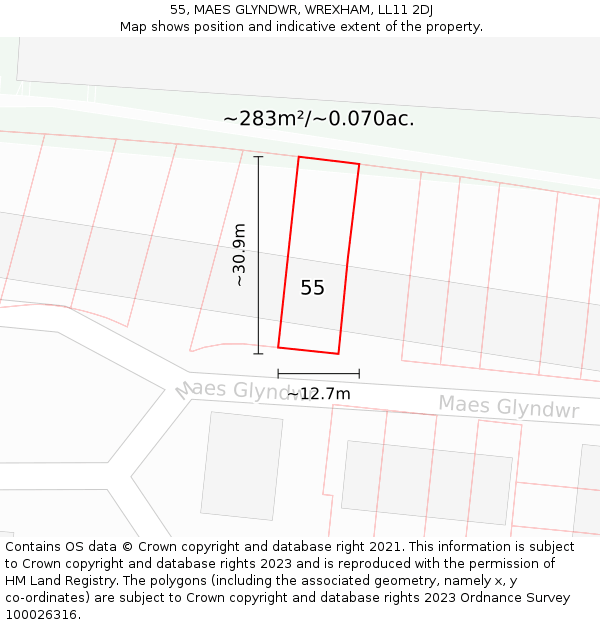 55, MAES GLYNDWR, WREXHAM, LL11 2DJ: Plot and title map