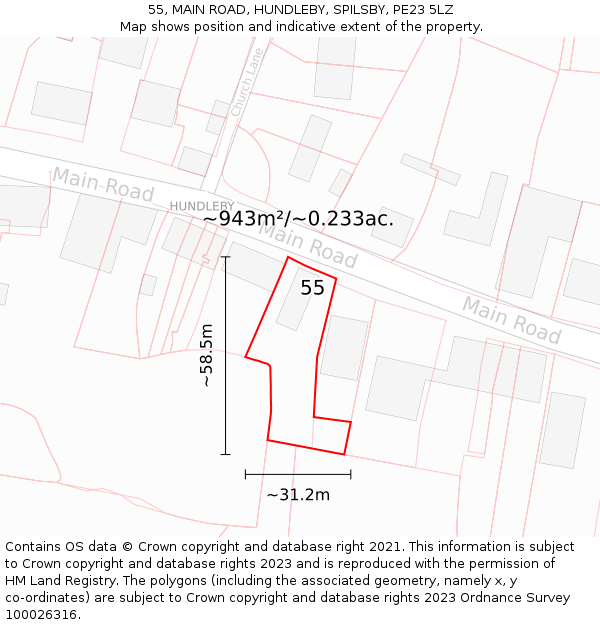 55, MAIN ROAD, HUNDLEBY, SPILSBY, PE23 5LZ: Plot and title map