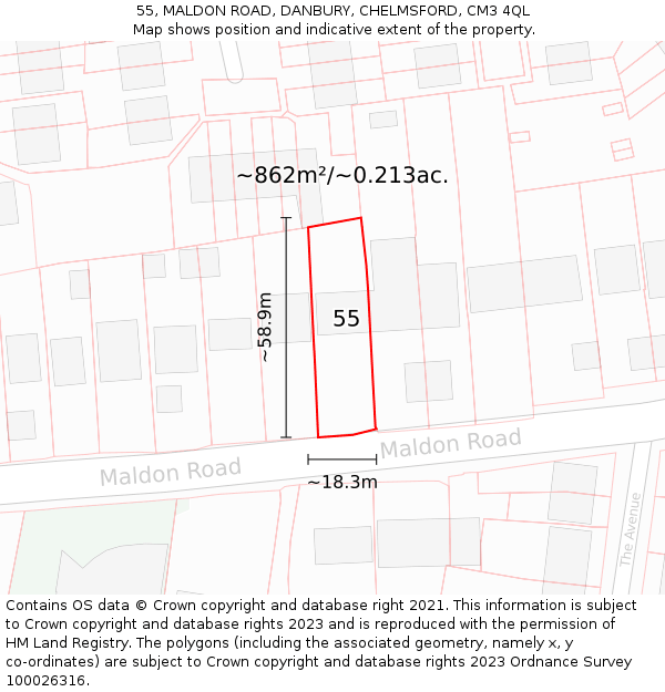 55, MALDON ROAD, DANBURY, CHELMSFORD, CM3 4QL: Plot and title map