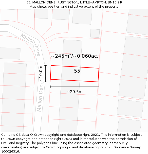 55, MALLON DENE, RUSTINGTON, LITTLEHAMPTON, BN16 2JR: Plot and title map