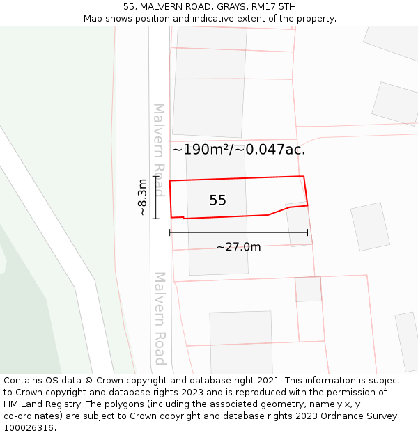 55, MALVERN ROAD, GRAYS, RM17 5TH: Plot and title map