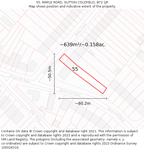 55, MAPLE ROAD, SUTTON COLDFIELD, B72 1JP: Plot and title map