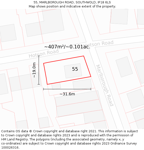 55, MARLBOROUGH ROAD, SOUTHWOLD, IP18 6LS: Plot and title map