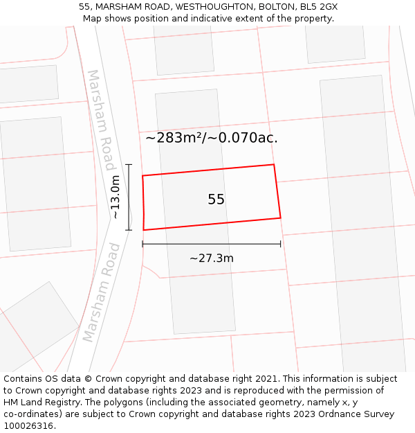 55, MARSHAM ROAD, WESTHOUGHTON, BOLTON, BL5 2GX: Plot and title map