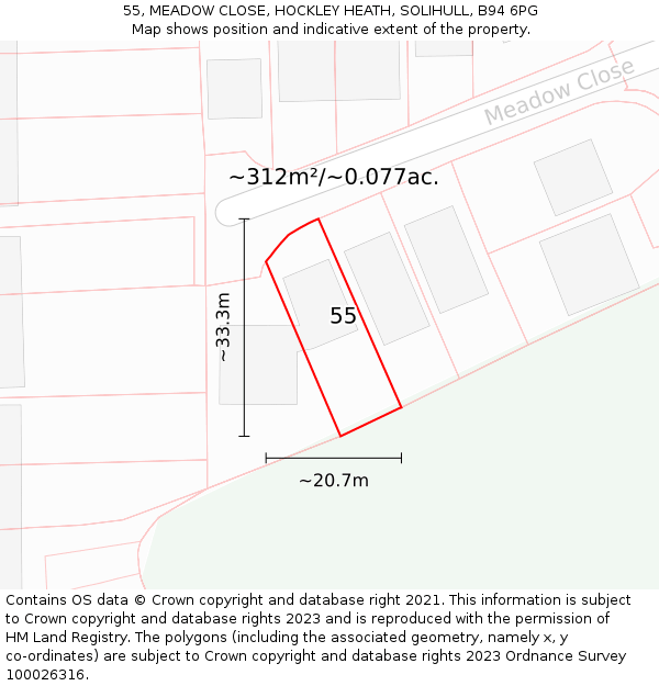 55, MEADOW CLOSE, HOCKLEY HEATH, SOLIHULL, B94 6PG: Plot and title map