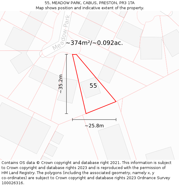 55, MEADOW PARK, CABUS, PRESTON, PR3 1TA: Plot and title map