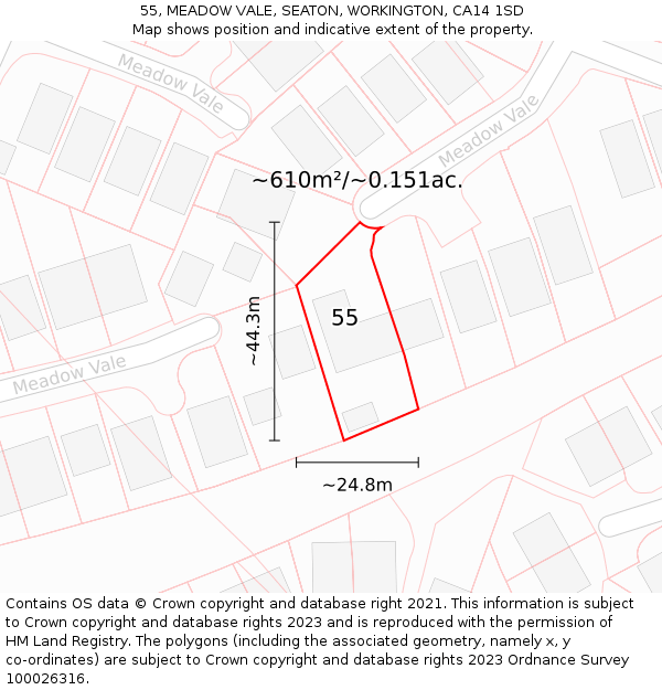 55, MEADOW VALE, SEATON, WORKINGTON, CA14 1SD: Plot and title map