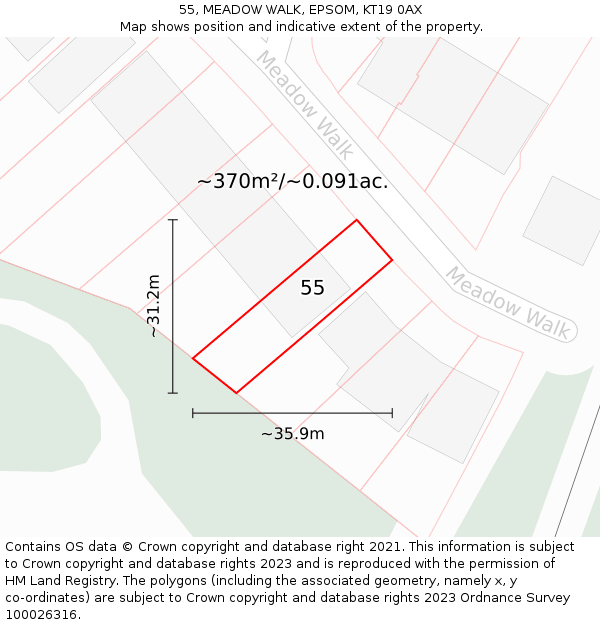 55, MEADOW WALK, EPSOM, KT19 0AX: Plot and title map