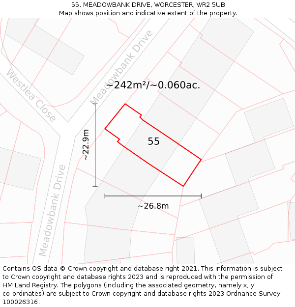 55, MEADOWBANK DRIVE, WORCESTER, WR2 5UB: Plot and title map