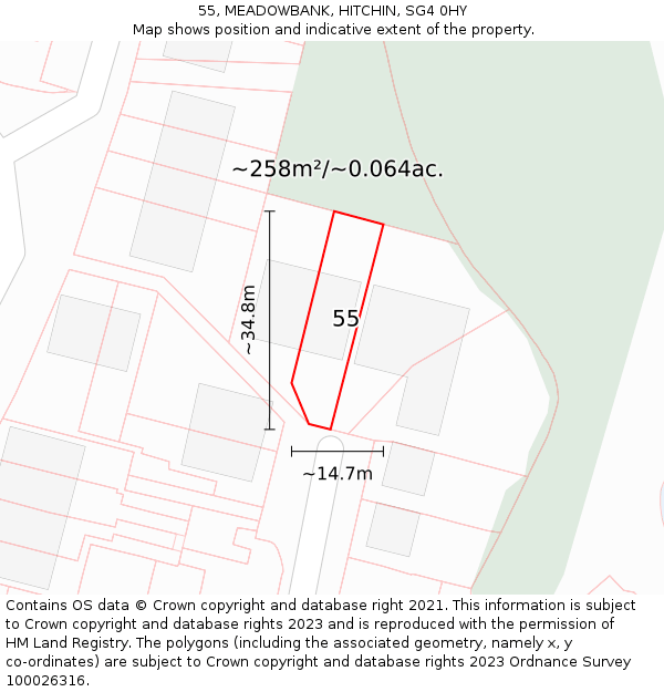 55, MEADOWBANK, HITCHIN, SG4 0HY: Plot and title map