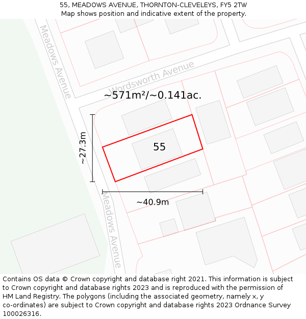 55, MEADOWS AVENUE, THORNTON-CLEVELEYS, FY5 2TW: Plot and title map