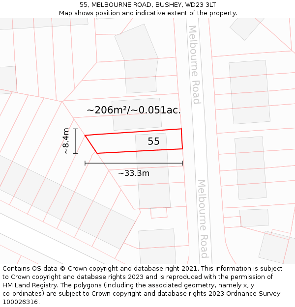 55, MELBOURNE ROAD, BUSHEY, WD23 3LT: Plot and title map