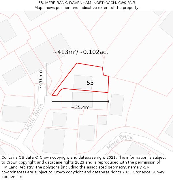 55, MERE BANK, DAVENHAM, NORTHWICH, CW9 8NB: Plot and title map