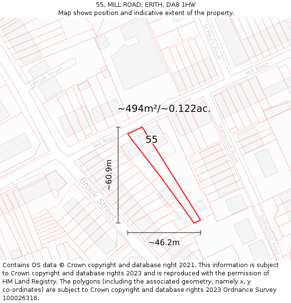 55, MILL ROAD, ERITH, DA8 1HW: Plot and title map