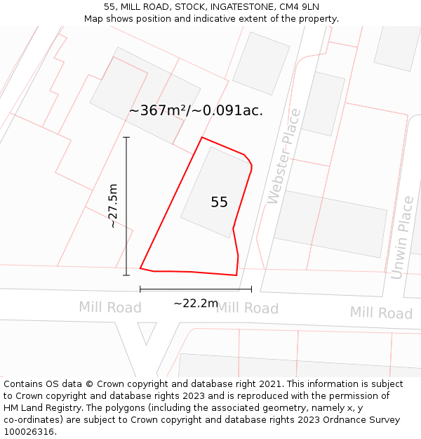 55, MILL ROAD, STOCK, INGATESTONE, CM4 9LN: Plot and title map