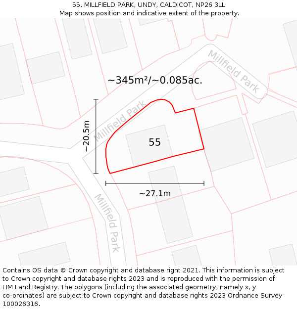 55, MILLFIELD PARK, UNDY, CALDICOT, NP26 3LL: Plot and title map
