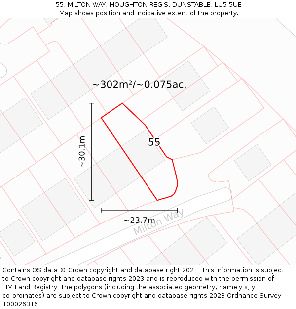 55, MILTON WAY, HOUGHTON REGIS, DUNSTABLE, LU5 5UE: Plot and title map