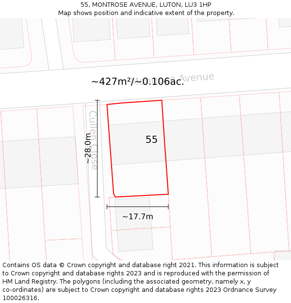 55, MONTROSE AVENUE, LUTON, LU3 1HP: Plot and title map