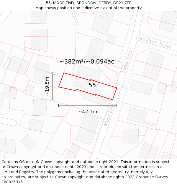 55, MOOR END, SPONDON, DERBY, DE21 7EE: Plot and title map