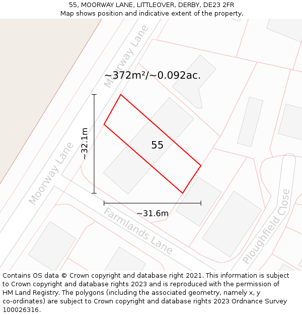 55, MOORWAY LANE, LITTLEOVER, DERBY, DE23 2FR: Plot and title map