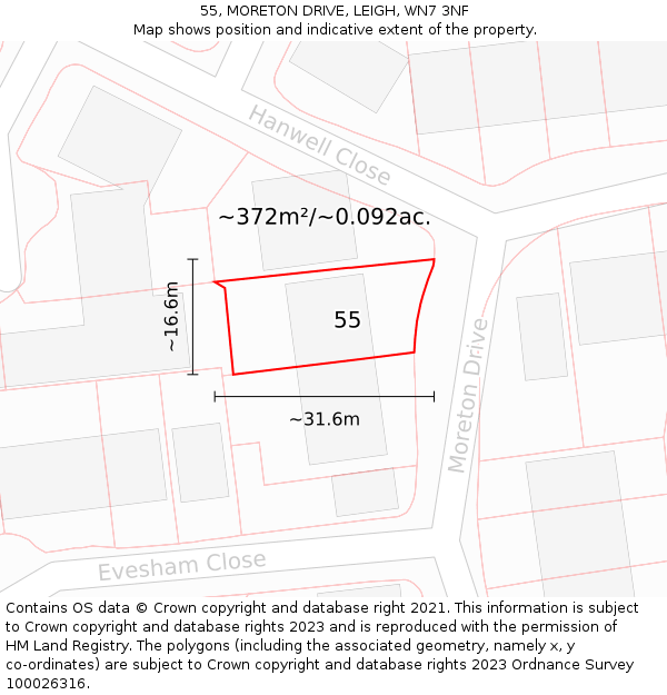 55, MORETON DRIVE, LEIGH, WN7 3NF: Plot and title map
