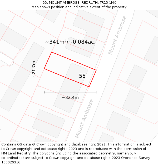 55, MOUNT AMBROSE, REDRUTH, TR15 1NX: Plot and title map