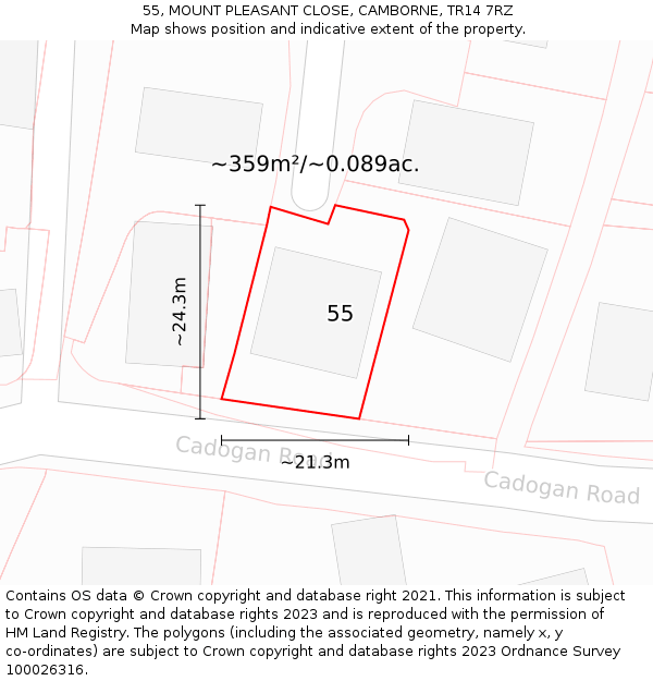 55, MOUNT PLEASANT CLOSE, CAMBORNE, TR14 7RZ: Plot and title map