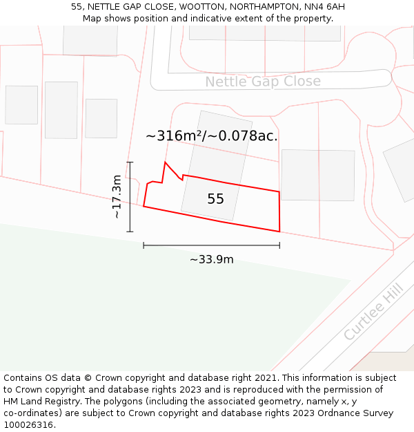 55, NETTLE GAP CLOSE, WOOTTON, NORTHAMPTON, NN4 6AH: Plot and title map