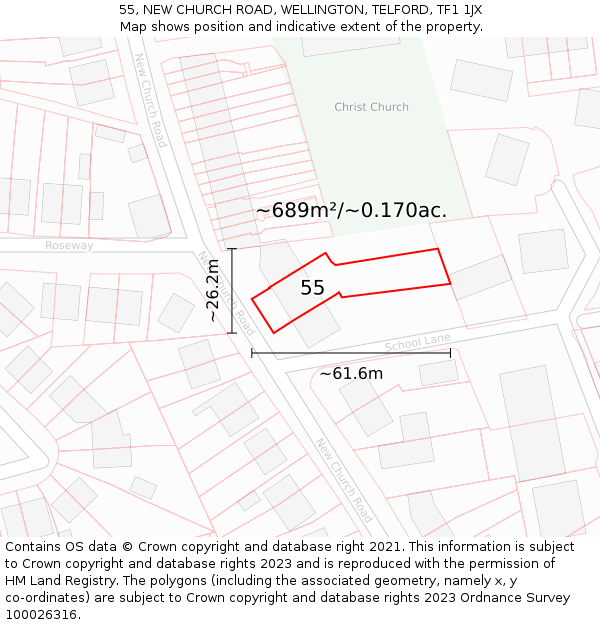 55, NEW CHURCH ROAD, WELLINGTON, TELFORD, TF1 1JX: Plot and title map
