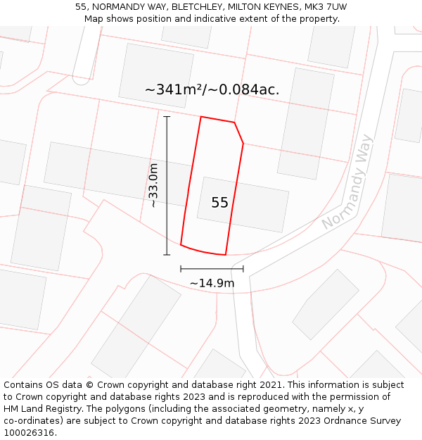 55, NORMANDY WAY, BLETCHLEY, MILTON KEYNES, MK3 7UW: Plot and title map