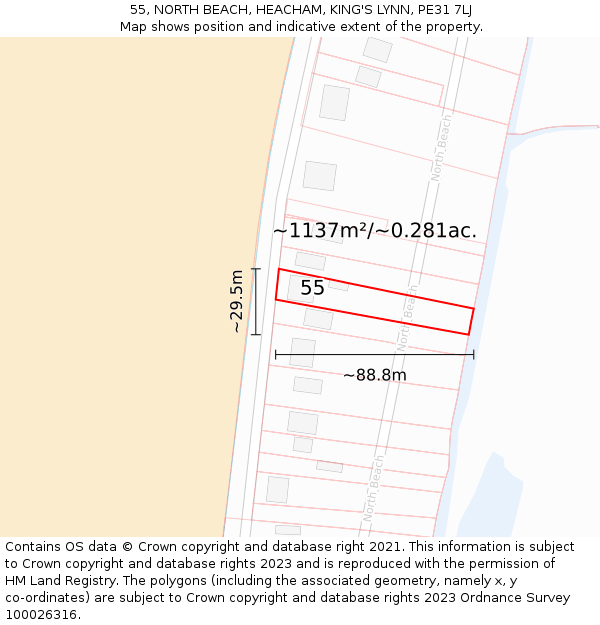 55, NORTH BEACH, HEACHAM, KING'S LYNN, PE31 7LJ: Plot and title map