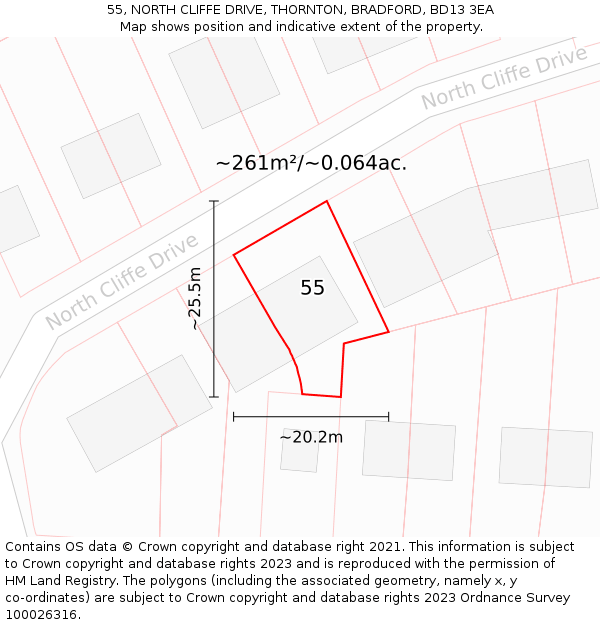 55, NORTH CLIFFE DRIVE, THORNTON, BRADFORD, BD13 3EA: Plot and title map