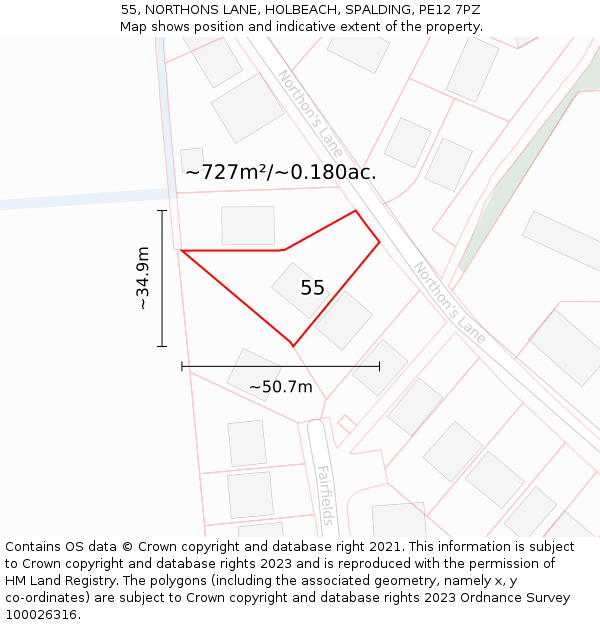 55, NORTHONS LANE, HOLBEACH, SPALDING, PE12 7PZ: Plot and title map