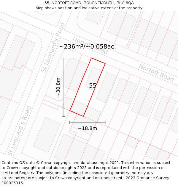 55, NORTOFT ROAD, BOURNEMOUTH, BH8 8QA: Plot and title map
