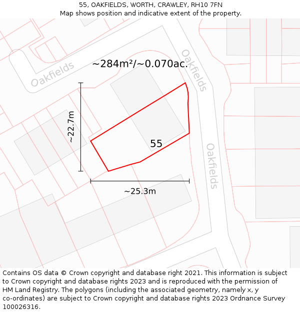 55, OAKFIELDS, WORTH, CRAWLEY, RH10 7FN: Plot and title map