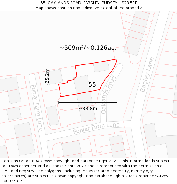 55, OAKLANDS ROAD, FARSLEY, PUDSEY, LS28 5FT: Plot and title map