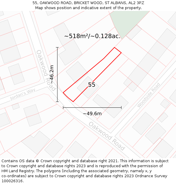 55, OAKWOOD ROAD, BRICKET WOOD, ST ALBANS, AL2 3PZ: Plot and title map