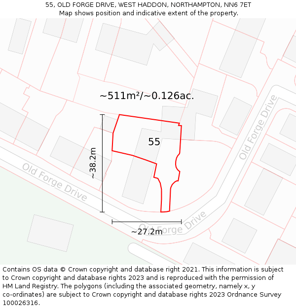 55, OLD FORGE DRIVE, WEST HADDON, NORTHAMPTON, NN6 7ET: Plot and title map