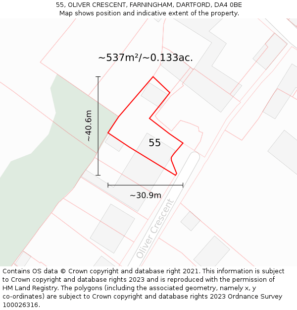 55, OLIVER CRESCENT, FARNINGHAM, DARTFORD, DA4 0BE: Plot and title map