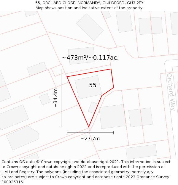 55, ORCHARD CLOSE, NORMANDY, GUILDFORD, GU3 2EY: Plot and title map