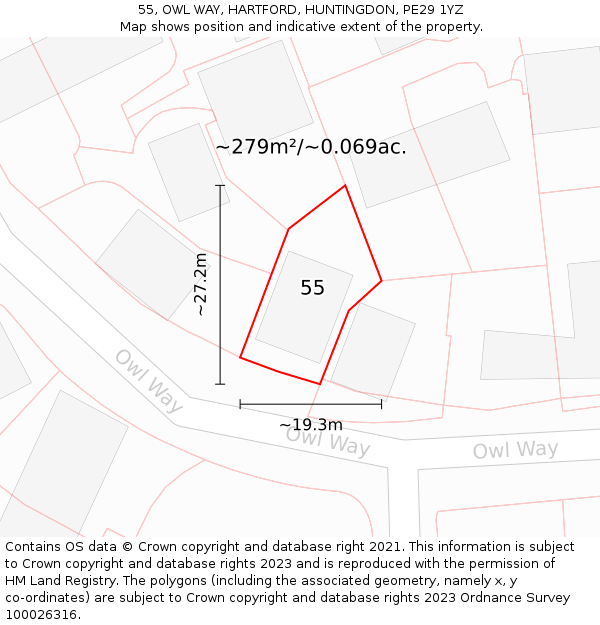 55, OWL WAY, HARTFORD, HUNTINGDON, PE29 1YZ: Plot and title map