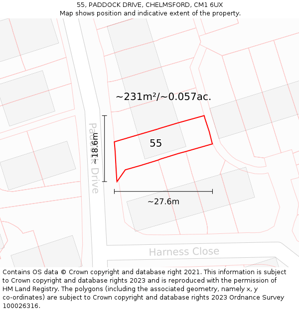 55, PADDOCK DRIVE, CHELMSFORD, CM1 6UX: Plot and title map