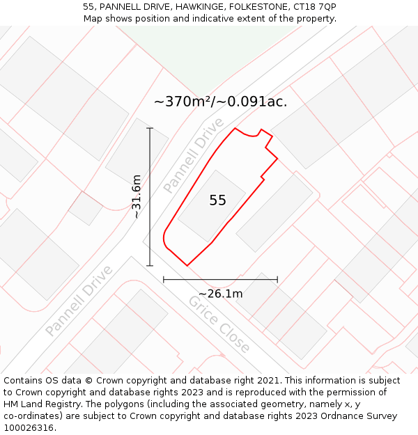 55, PANNELL DRIVE, HAWKINGE, FOLKESTONE, CT18 7QP: Plot and title map
