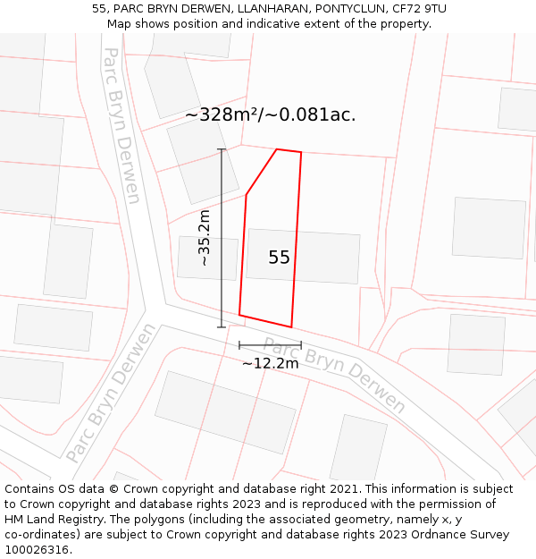 55, PARC BRYN DERWEN, LLANHARAN, PONTYCLUN, CF72 9TU: Plot and title map