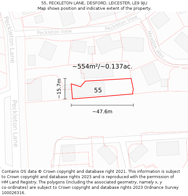55, PECKLETON LANE, DESFORD, LEICESTER, LE9 9JU: Plot and title map