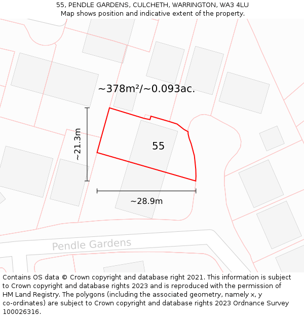 55, PENDLE GARDENS, CULCHETH, WARRINGTON, WA3 4LU: Plot and title map