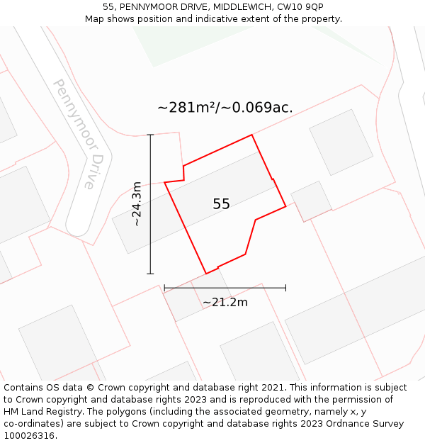 55, PENNYMOOR DRIVE, MIDDLEWICH, CW10 9QP: Plot and title map