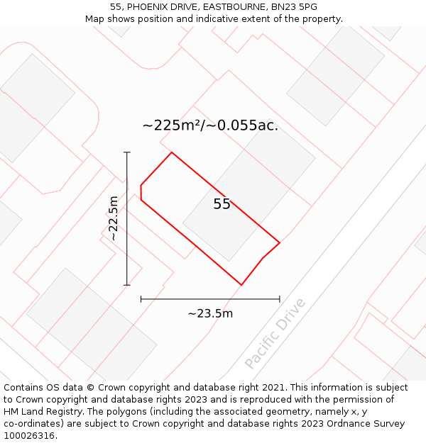 55, PHOENIX DRIVE, EASTBOURNE, BN23 5PG: Plot and title map